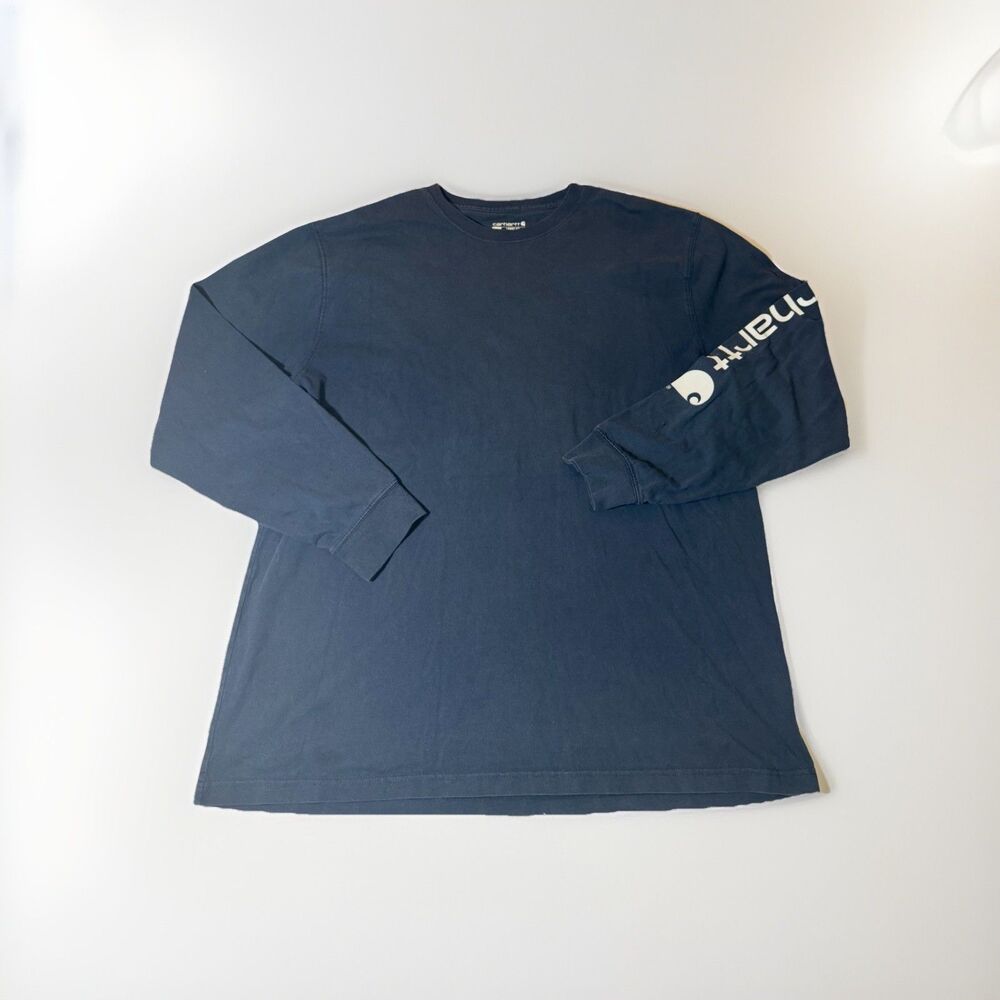 Carhartt K231 Navy Blue Long Sleeve Logo Sleeve T Shirt Men’s XL Loose Fit